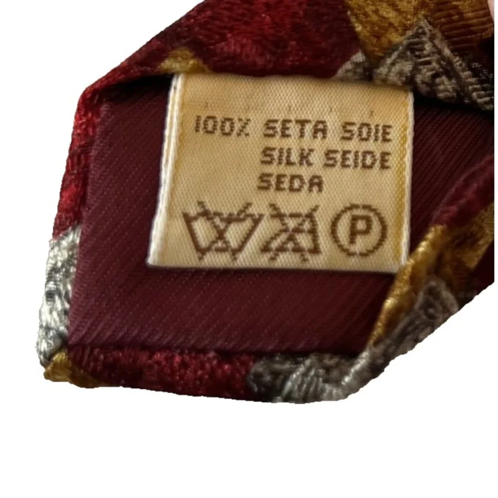 Villa Bolgheri‎ Mens Silk Necktie Red Gray Gold Yellow Print Tie Italy 100% Silk
